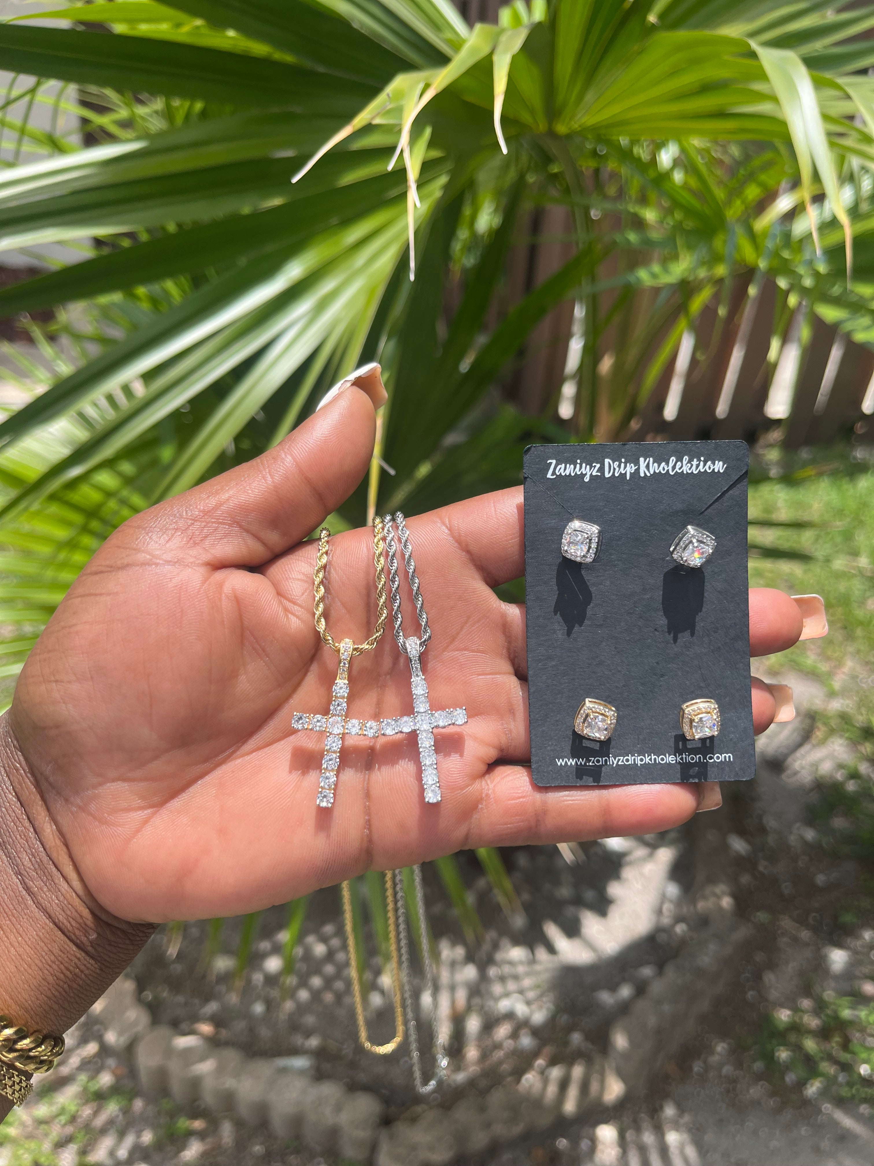 Diamond Studded Cross Necklace  and Baguette Stud Earrings