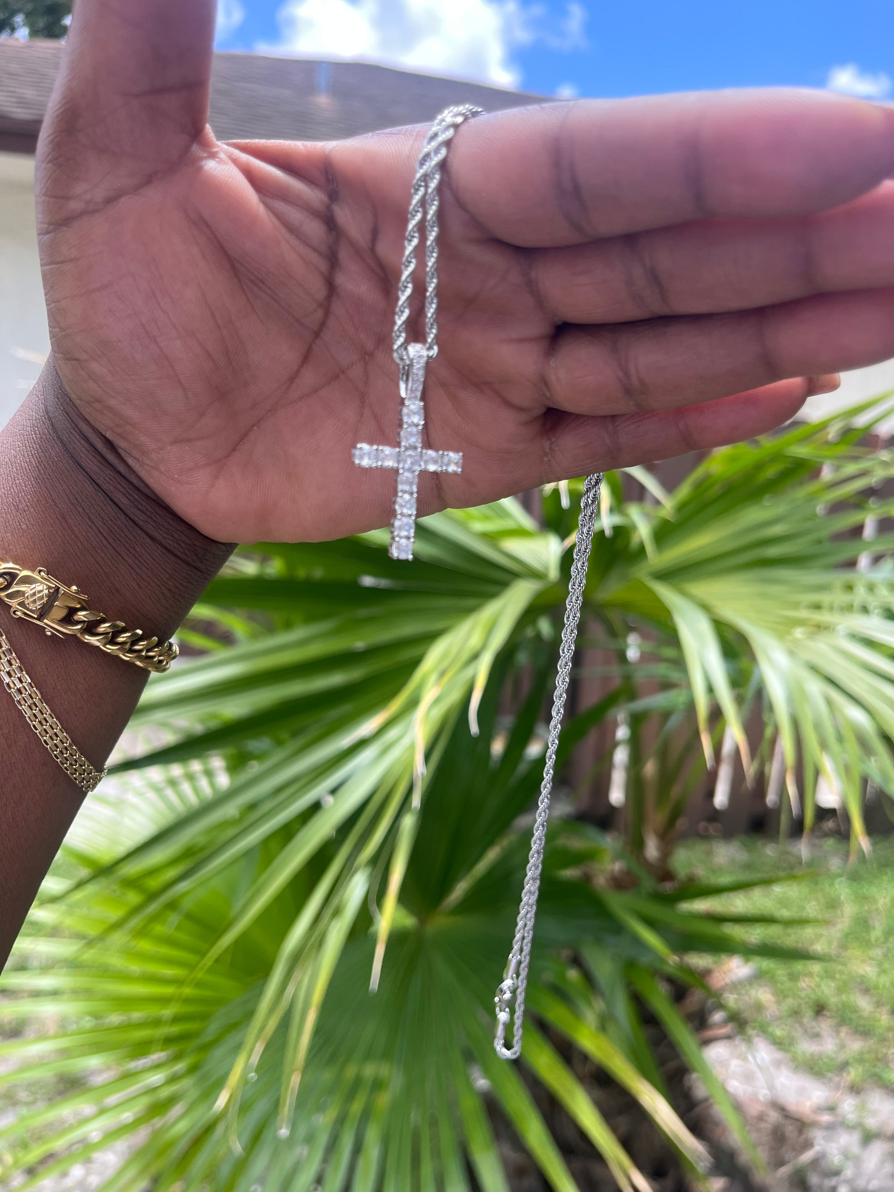 Diamond Studded Cross Necklace  and Baguette Stud Earrings