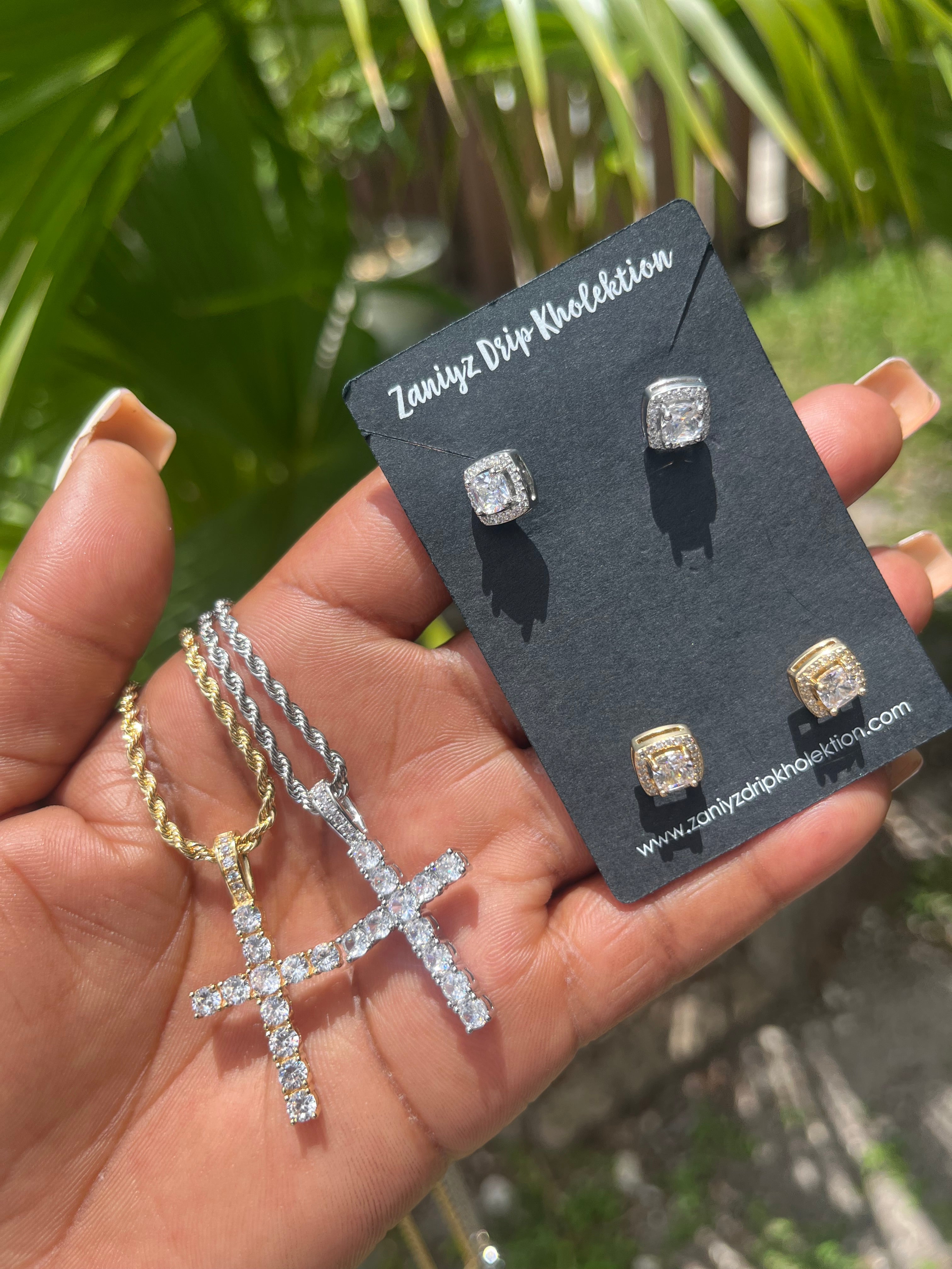 Diamond Studded Cross Necklace  and Baguette Stud Earrings